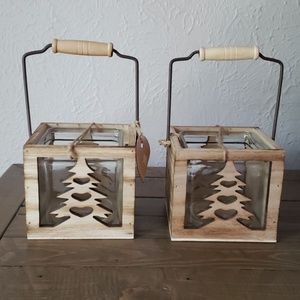 Square wood and glass candle vase